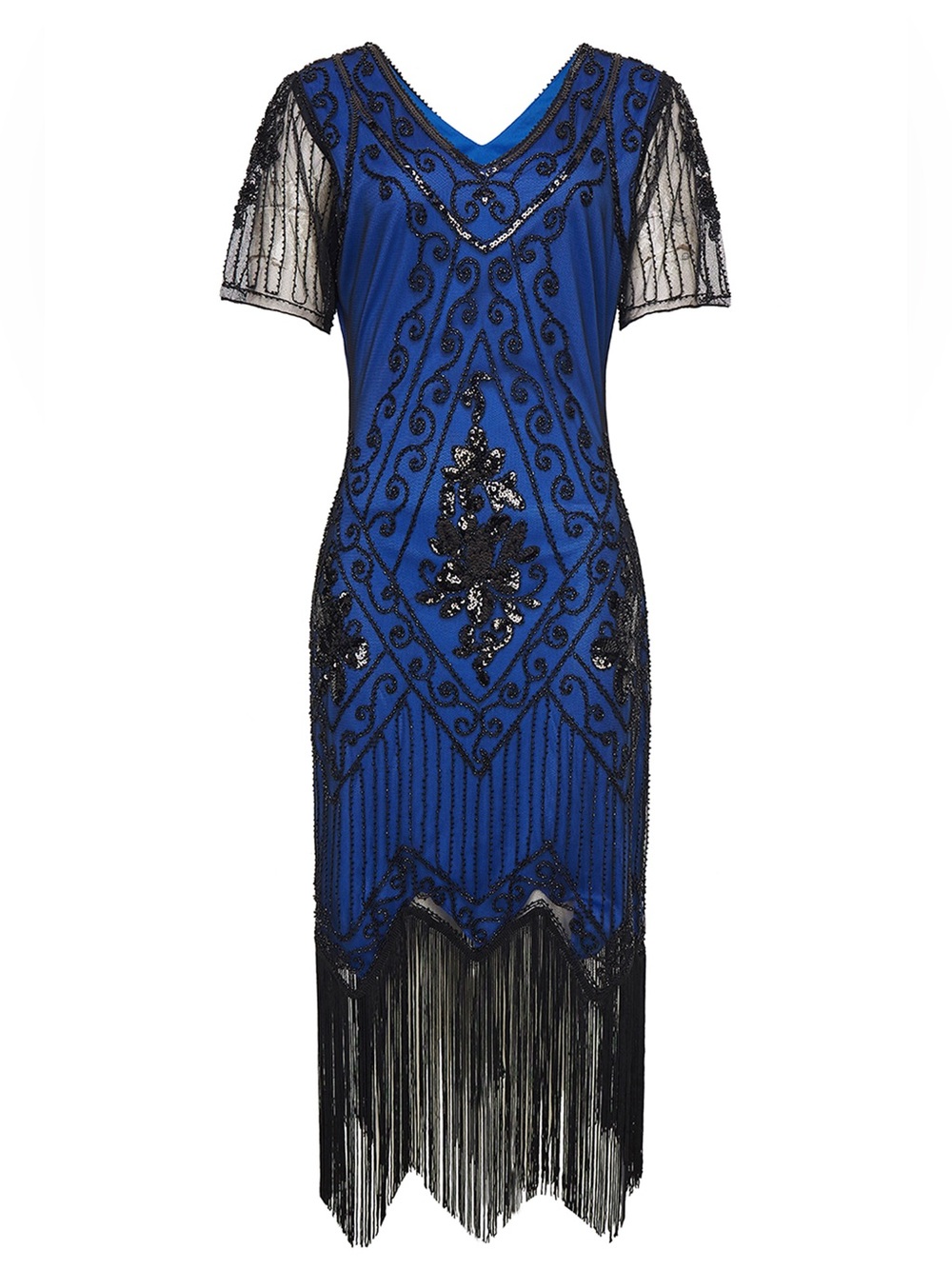 Babeyond Royal Blue Beaded Fringe Midi Dress V-Neck Evening Dress plus size xxl